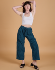 Alex is 5’8” and wearing XXS Corduroy Drop Pocket Cargo Pants in Lagoon