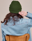 Back view of Ribbed Beanie in Evergreen on Alex