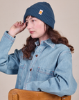 French Blue Ribbed Beanie on Alex