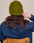 Back view of Ribbed Beanie in Olive Green on Alex