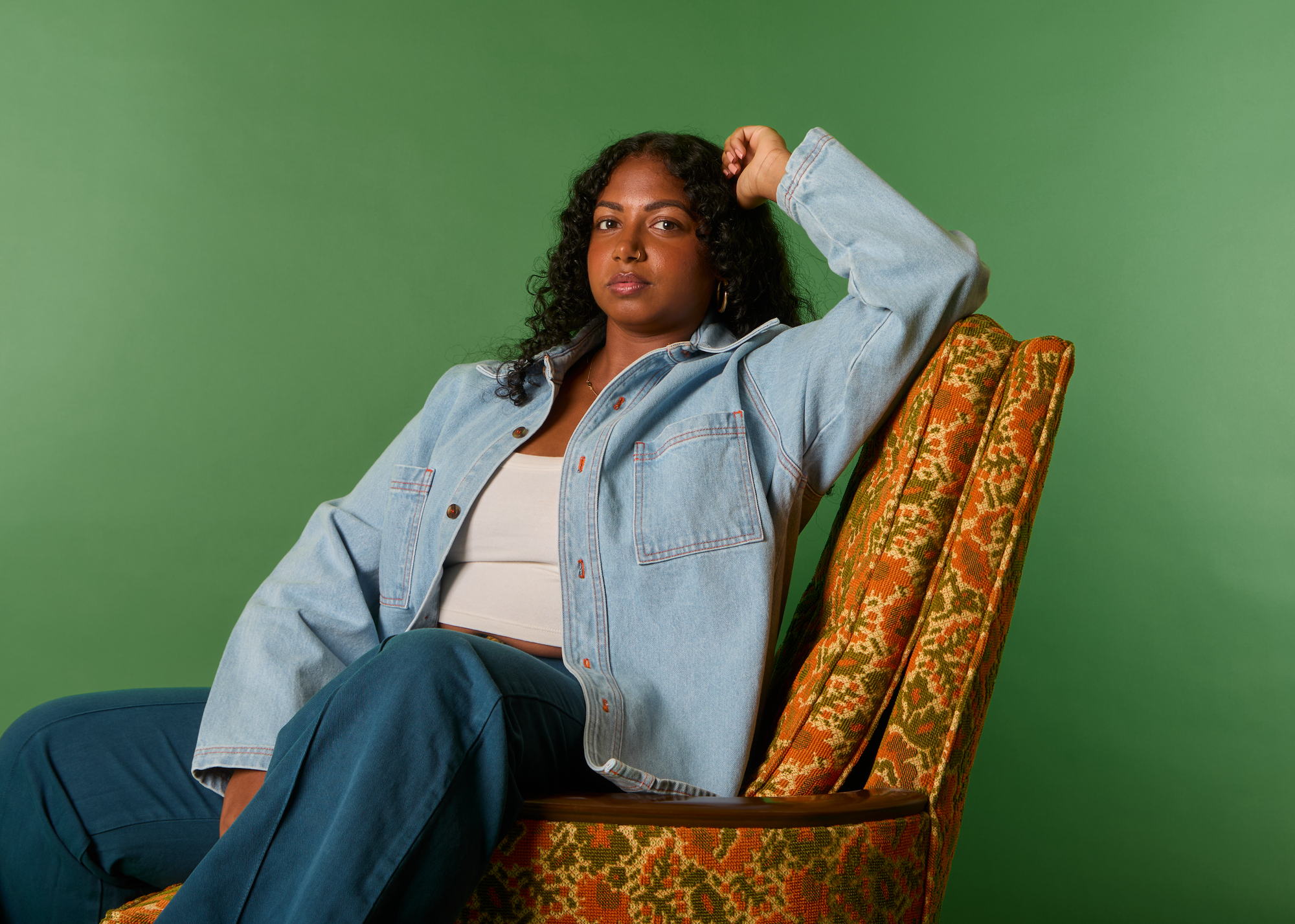 Meghna is wearing Denim Overshirt in Light Wash and Western Pants in Lagoon