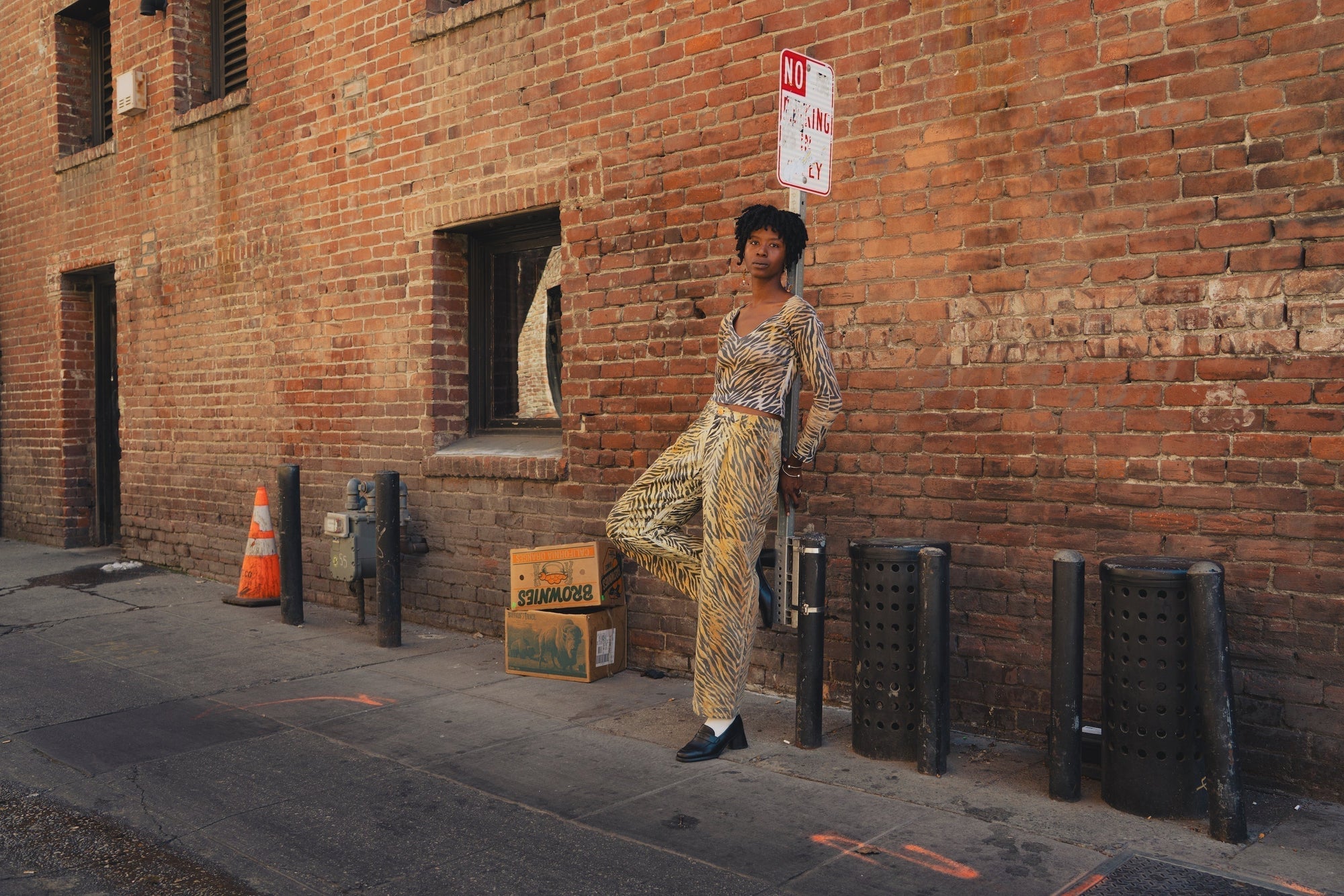 Cheyann is wearing Tiger Print Long Sleeve V-Neck in Traditional and Mid-Rise Pleated Trouser in Traditional Tiger