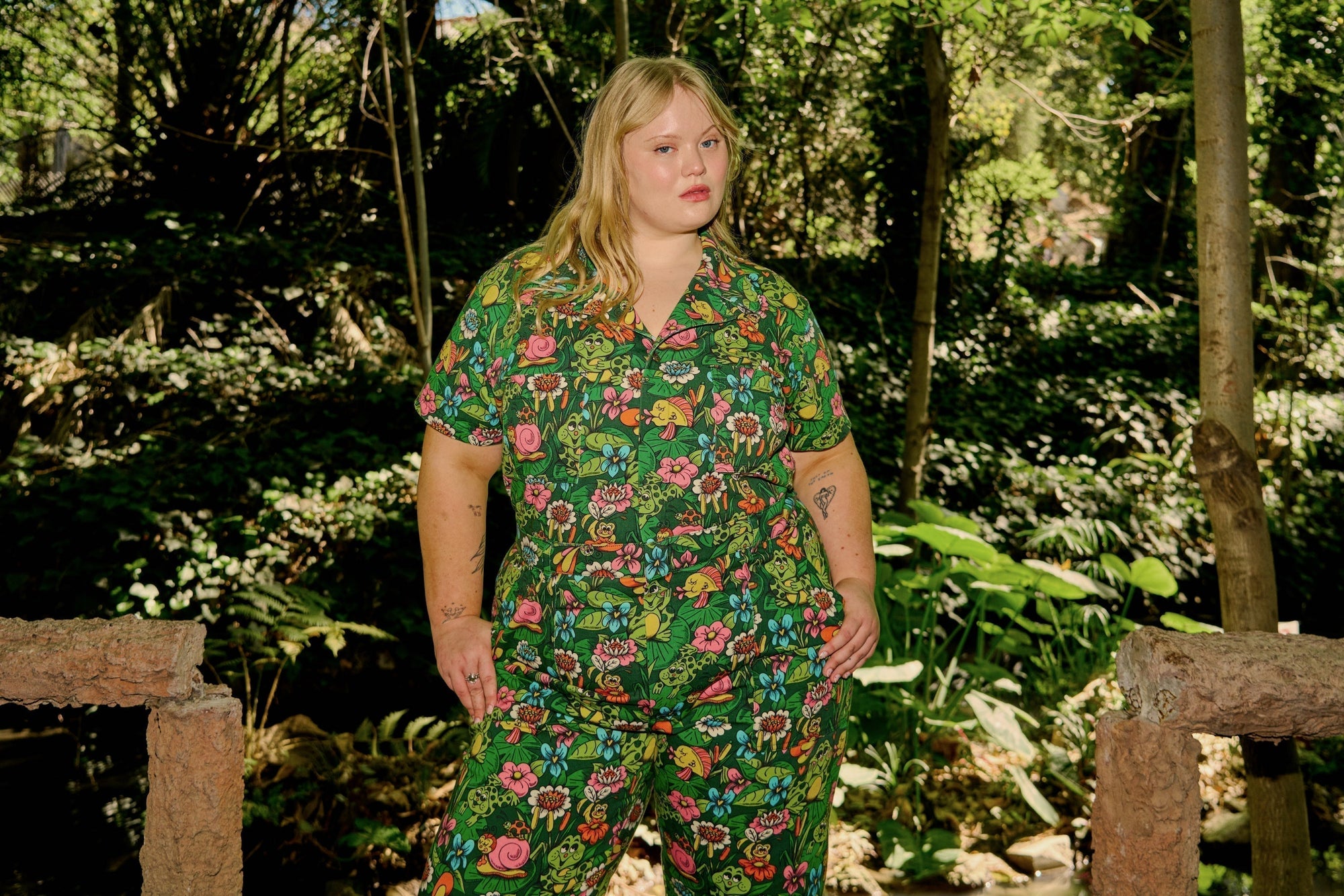 Juliet is wearing Pond Party Print Jumpsuit
