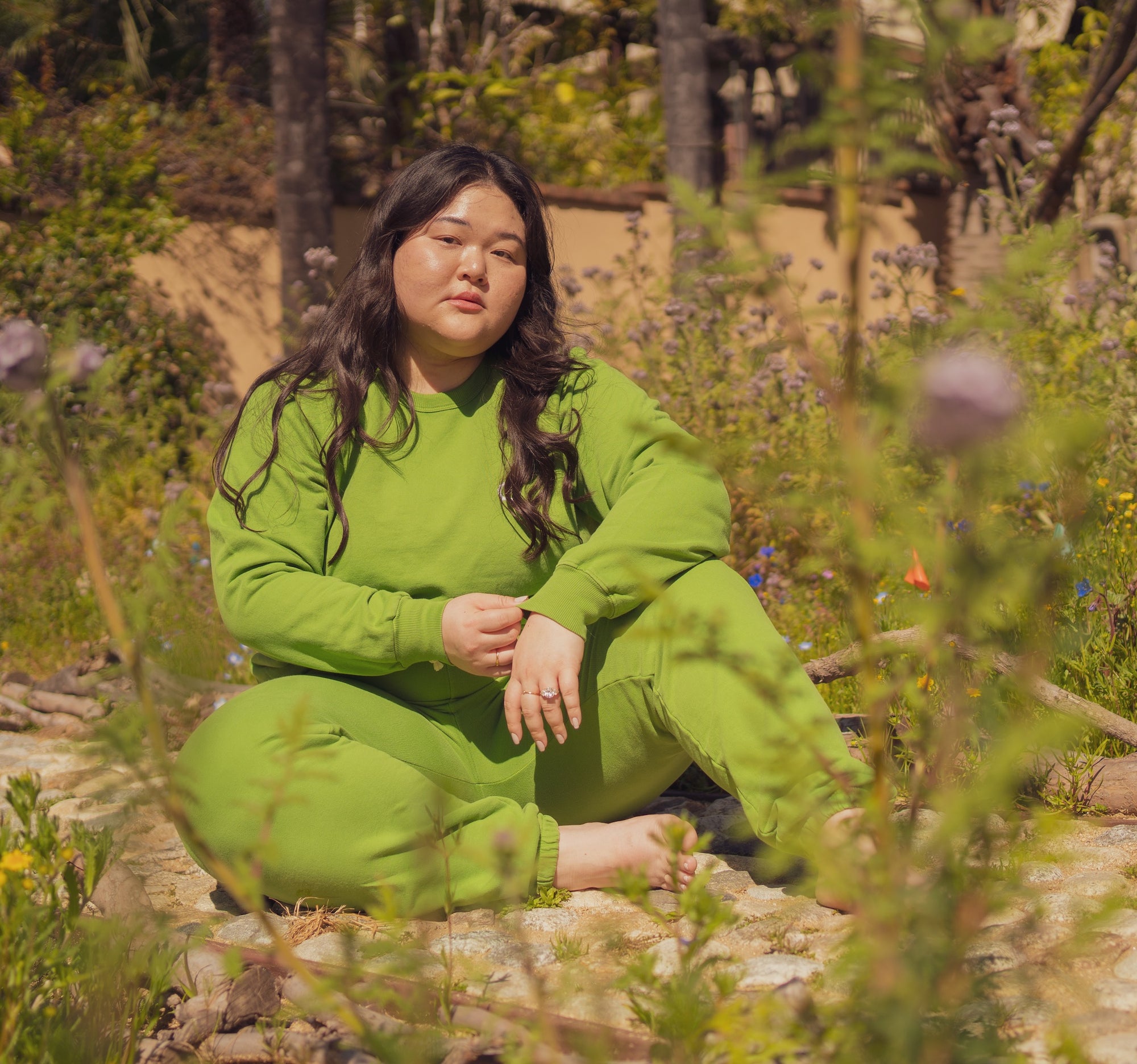 Ashley wearing Crew Sweatshirt and Sweat Pants in Bright Olive