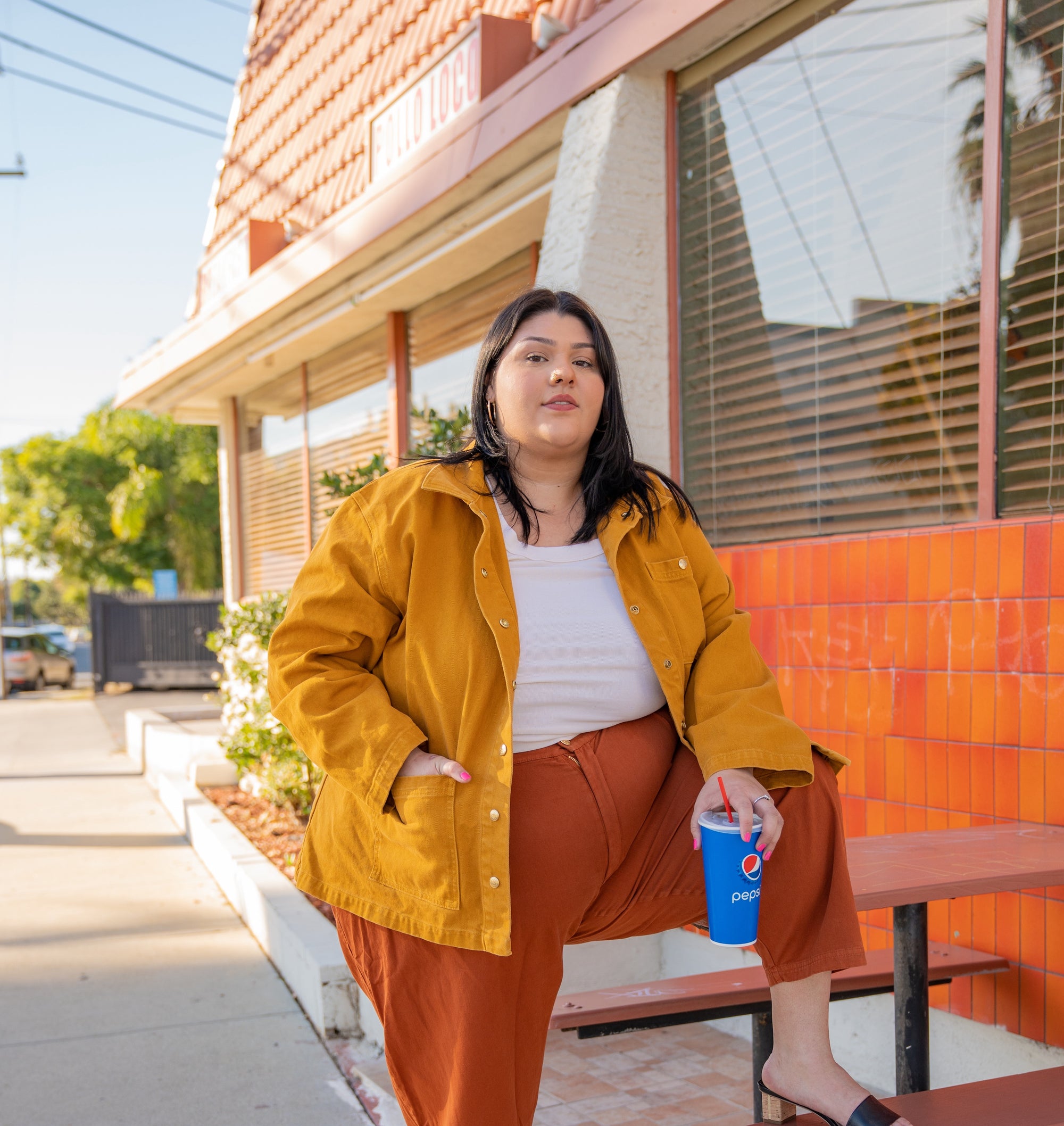 Denim Work Jacket in Spicy Mustard, Tank Top in Vintage Off-White and Trousers in Burnt Terracotta