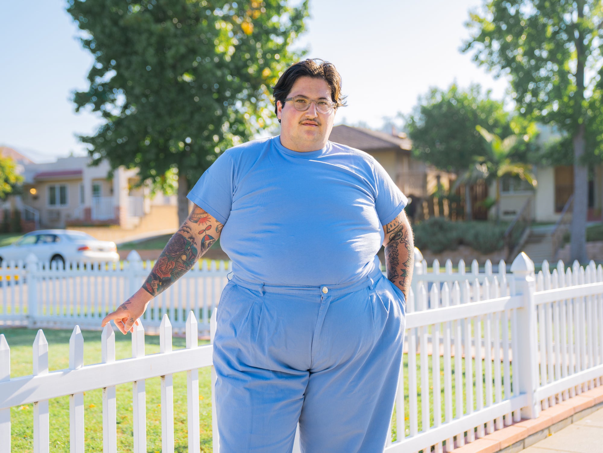 The Organic Vintage Tee in Periwinkle and Heavyweight Trousers in Periwinkle.