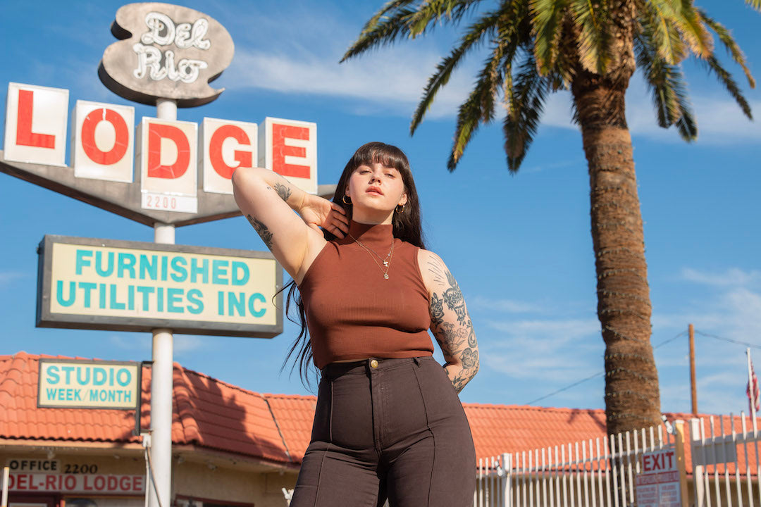Sydney in Sleeveless Turtleneck in Fudgesicle Brown and Western Pants in Espresso Brown