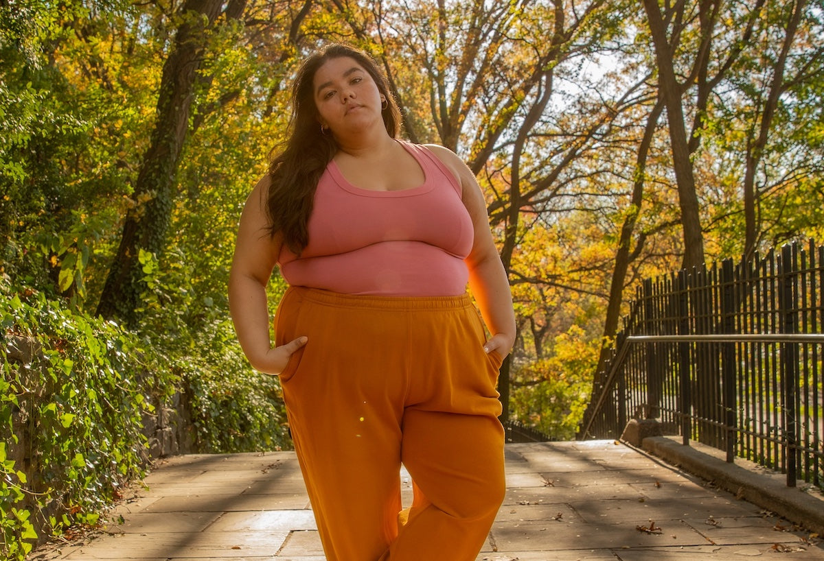 Priscilla wearing Tank Top in Raspberry Sorbet and Easy Pants in Spicy Mustard