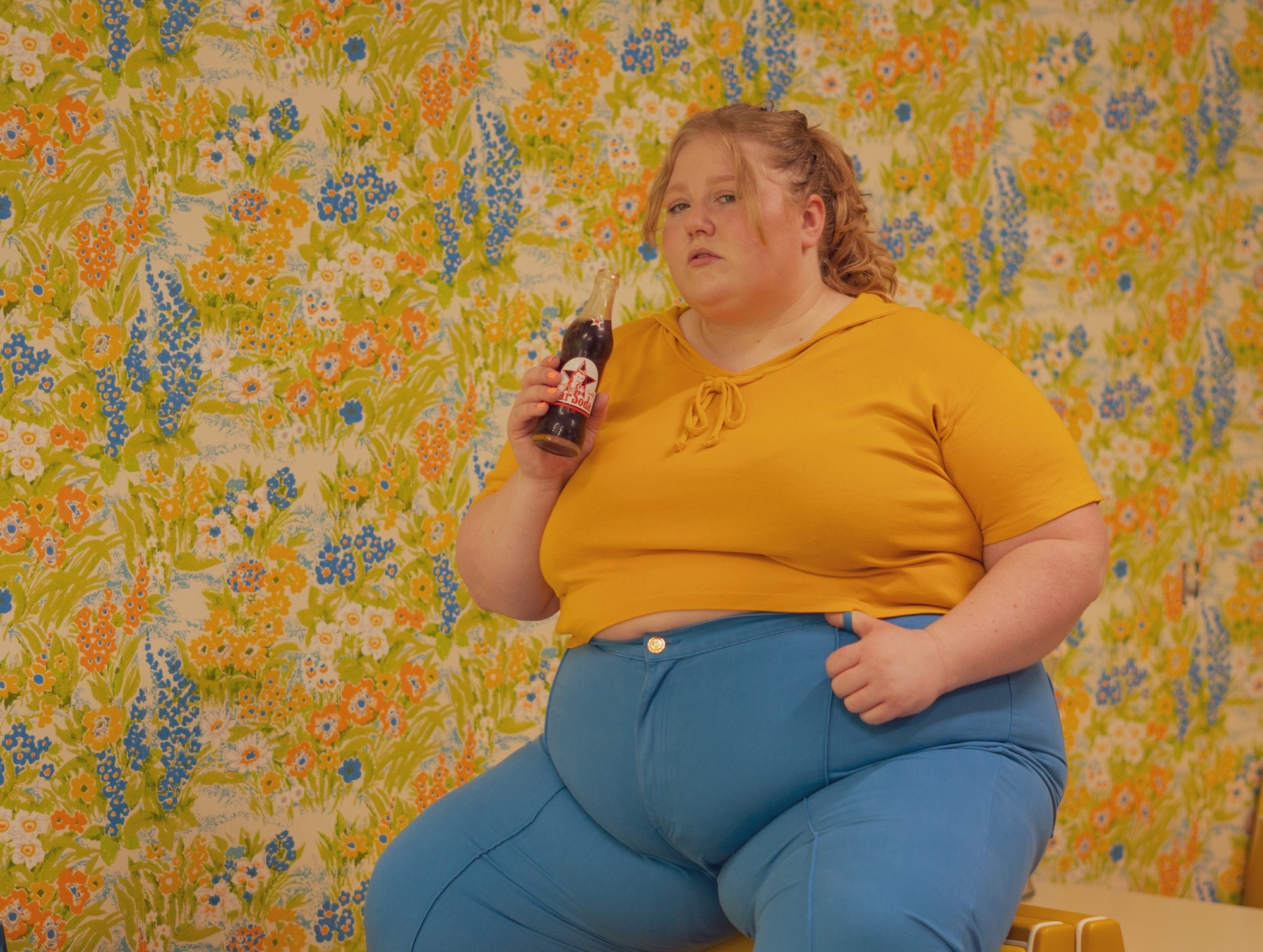 Catie wearing Sailor Top in Mustard Yellow and Western Pants in Greek Blue