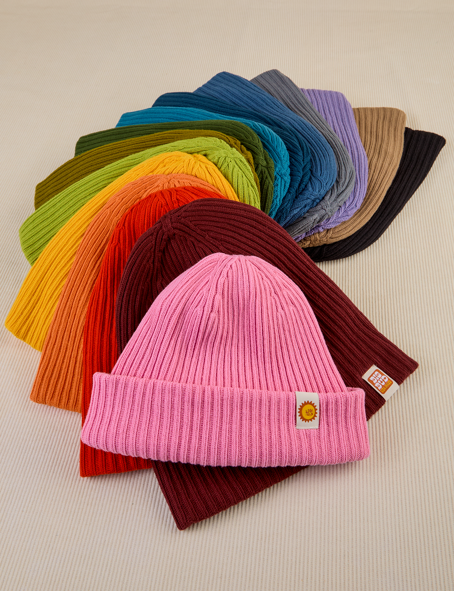Fanned out collection of Ribbed Beanies in a rainbow of colors