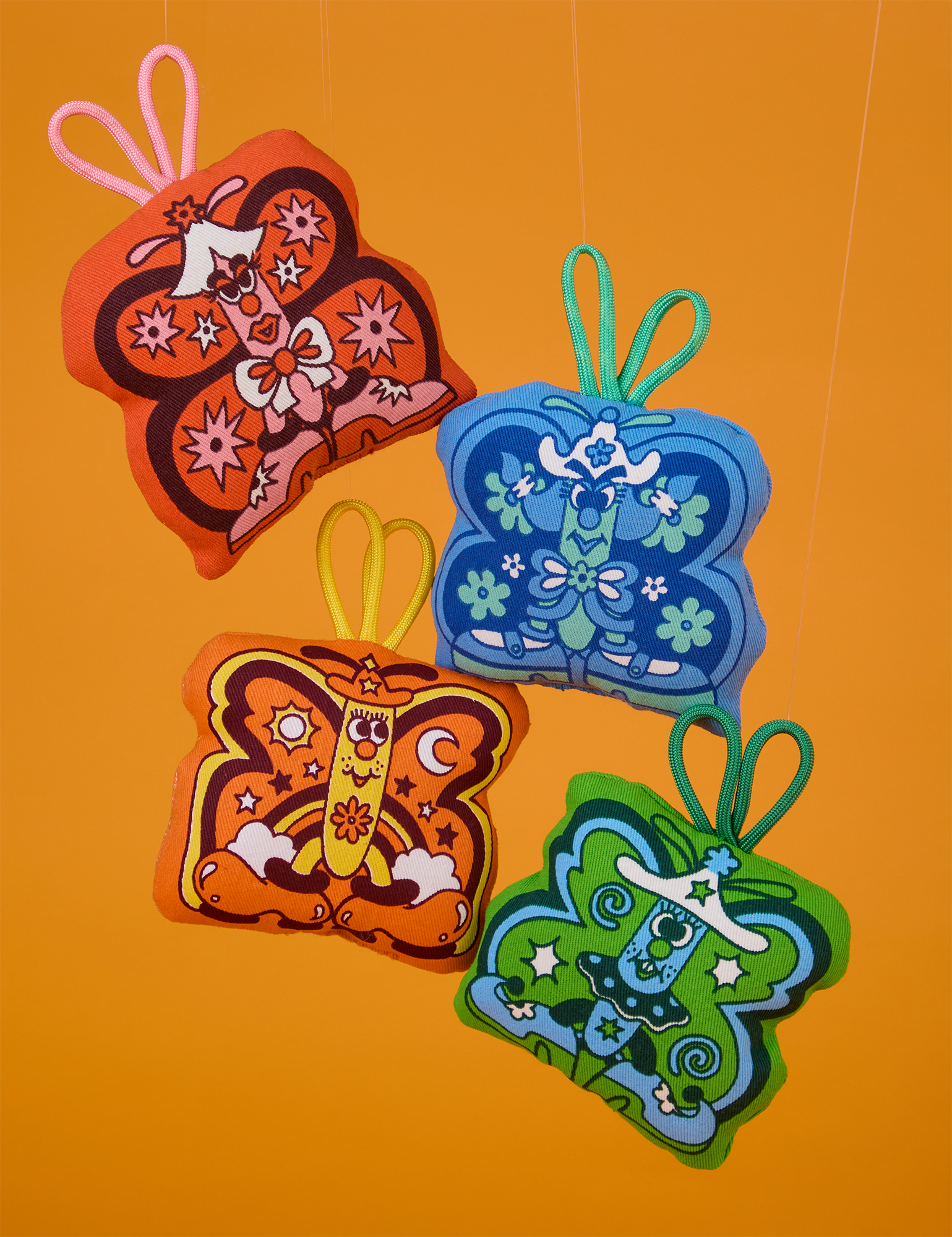 Butterfly Plushies in red, blue, orange and green
