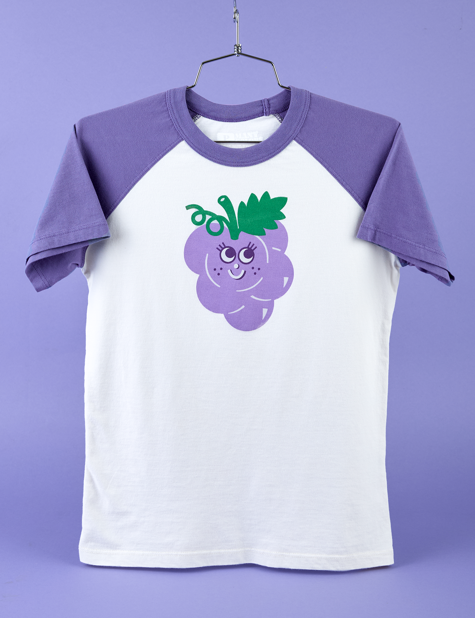 Produce Raglan Tee with illustrated grape character in purple