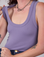 Front close up of Cropped Tank Top in Faded Grape with Alex pulling on one strap