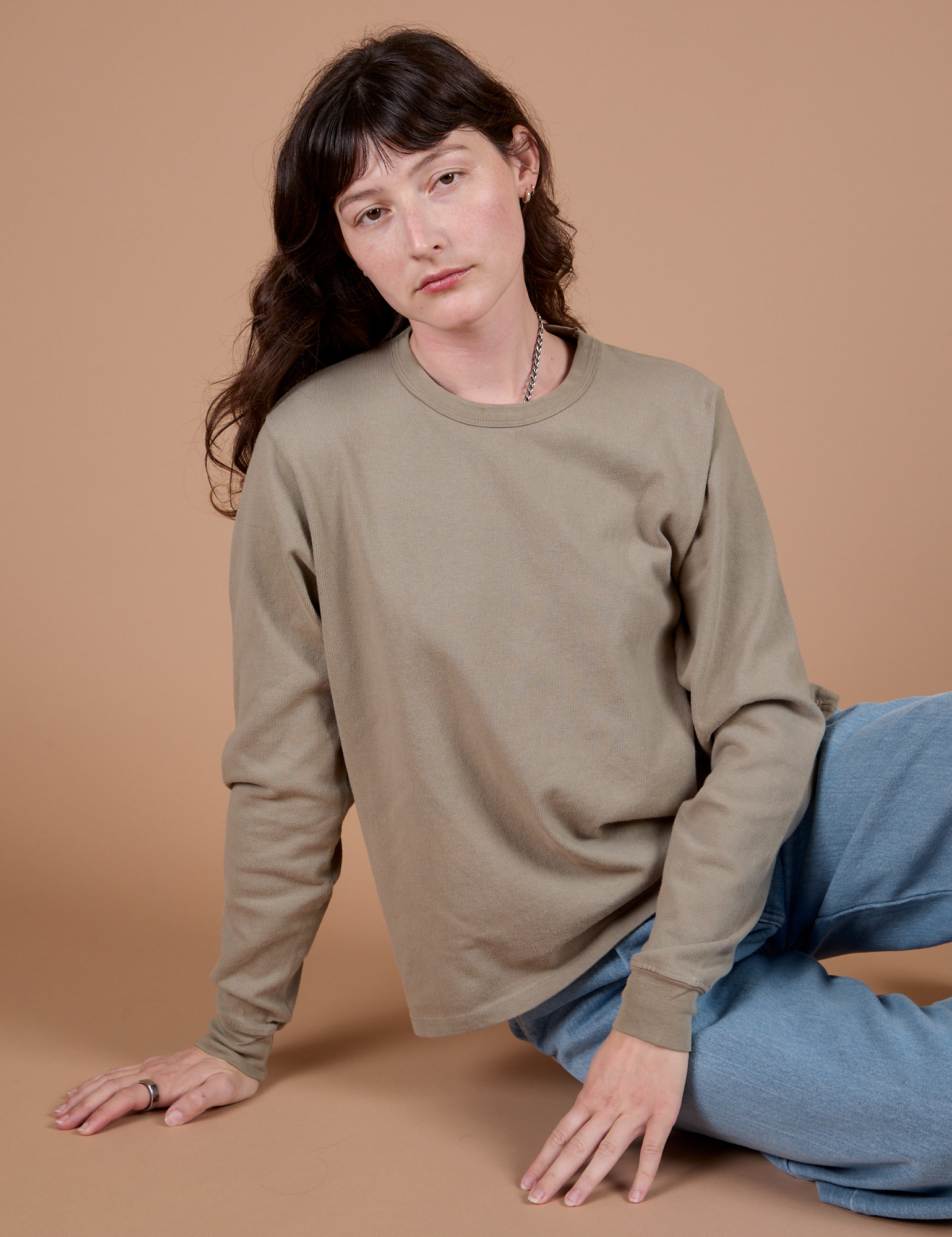 Long Sleeve Burly Tee in Khaki Grey on Alex