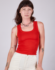 Alex is 5'8" and wearing P Tank Top in Mustang Red