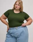 Juliet is 5'7" and wearing L Baby Tee in Evergreen