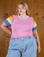 Juliet is 5'7" and wearing L Calypso Tee in Bubblegum Multi