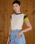 Alex is 5'8" and wearing P Calypso Tee in Off White Multi