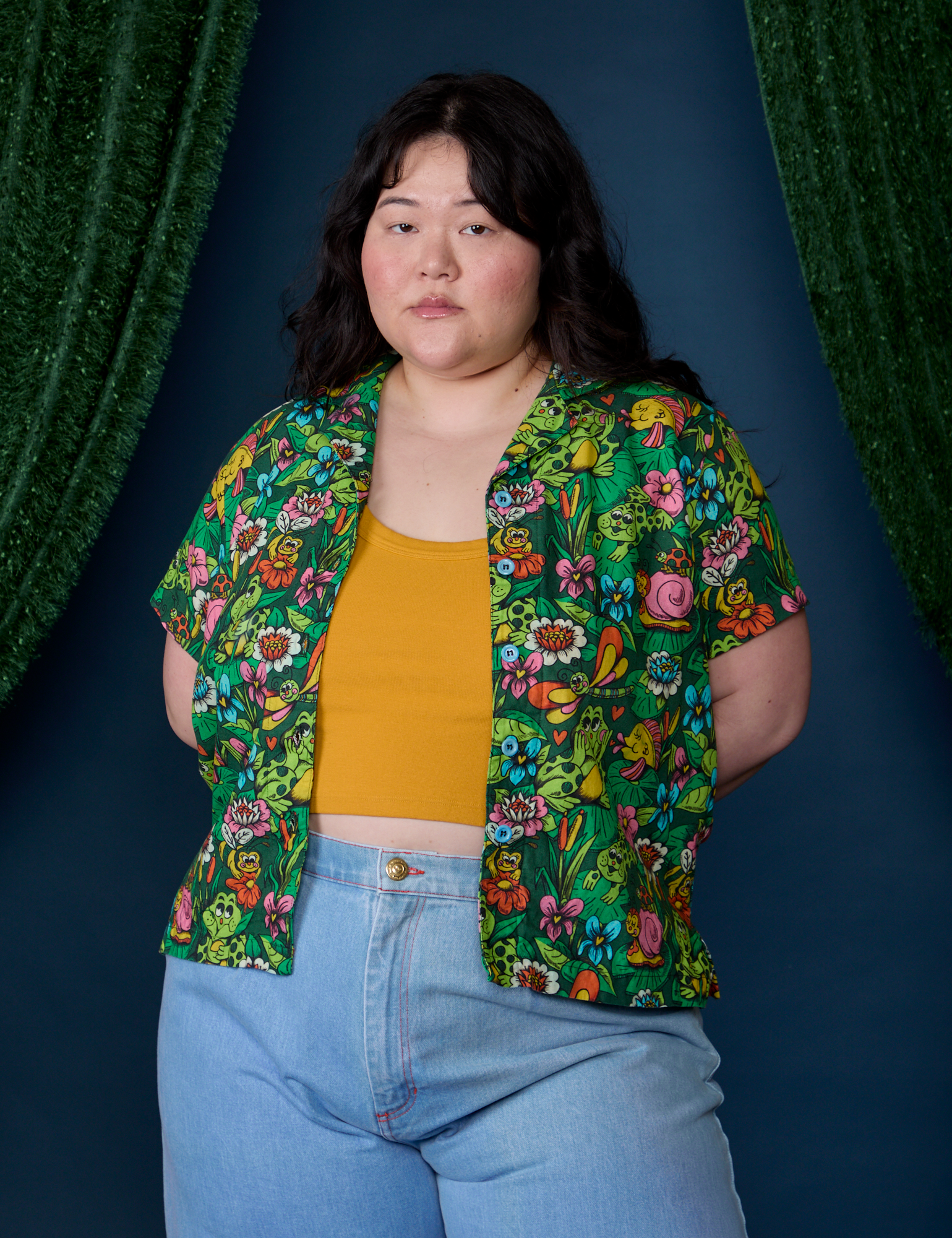 Ashley is 5'7" and wearing L Pond Party Pantry Button-Up
