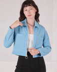 Alex is 5’8” and wearing P Mechanic Jacket in Baby Blue