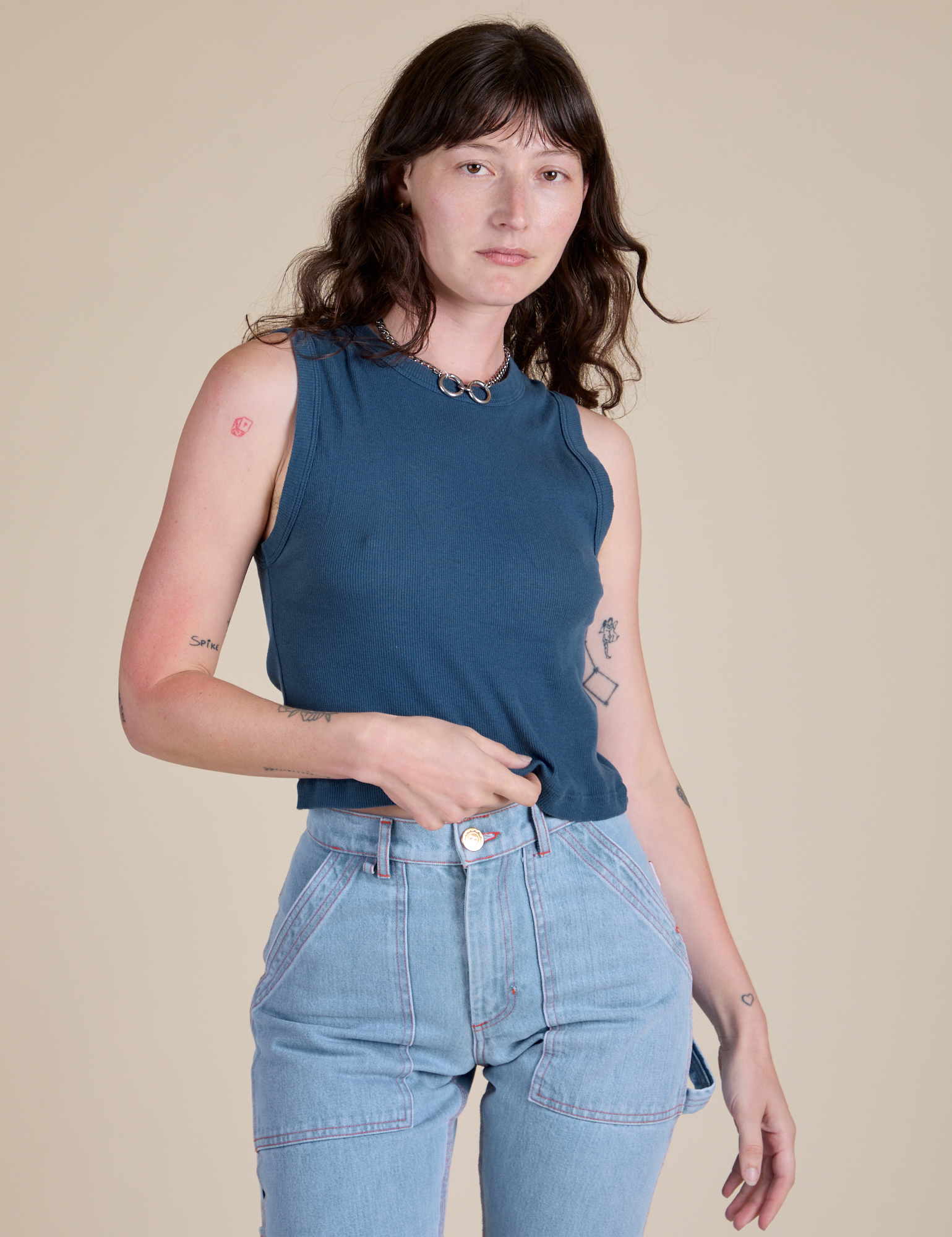 Alex is 5’8” and wearing P Muscle Tee in French Blue