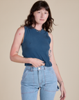 Alex is 5’8” and wearing P Muscle Tee in French Blue