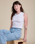 Alex is 5’8” and wearing P Muscle Tee in Vintage Tee White