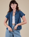 Alex is 5’8” and wearing P Pantry Button-Up in French Blue