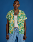 Jerrod is 6'3" and wearing M Spring Quilt Print Pantry Button-Up