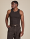 Isaac is 5’10” and wearing S Racerback Tank in Espresso Brown