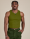 Isaac is 5’10” and wearing S Racerback Tank in Summer Olive