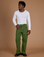 Isaac is 5’10” and wearing M Railroad Denim Work Pants in Gross Green Overdye paired with vintage tee white Long Sleeve Baby Tee