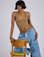 Kira is 5’10” and wearing P Cropped Tank Top in Desert Brown paired with light wash Denim Drop Pocket Pants