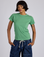 Kira is 5’10” and wearing P Jr. Varsity Tee in Seafoam Green