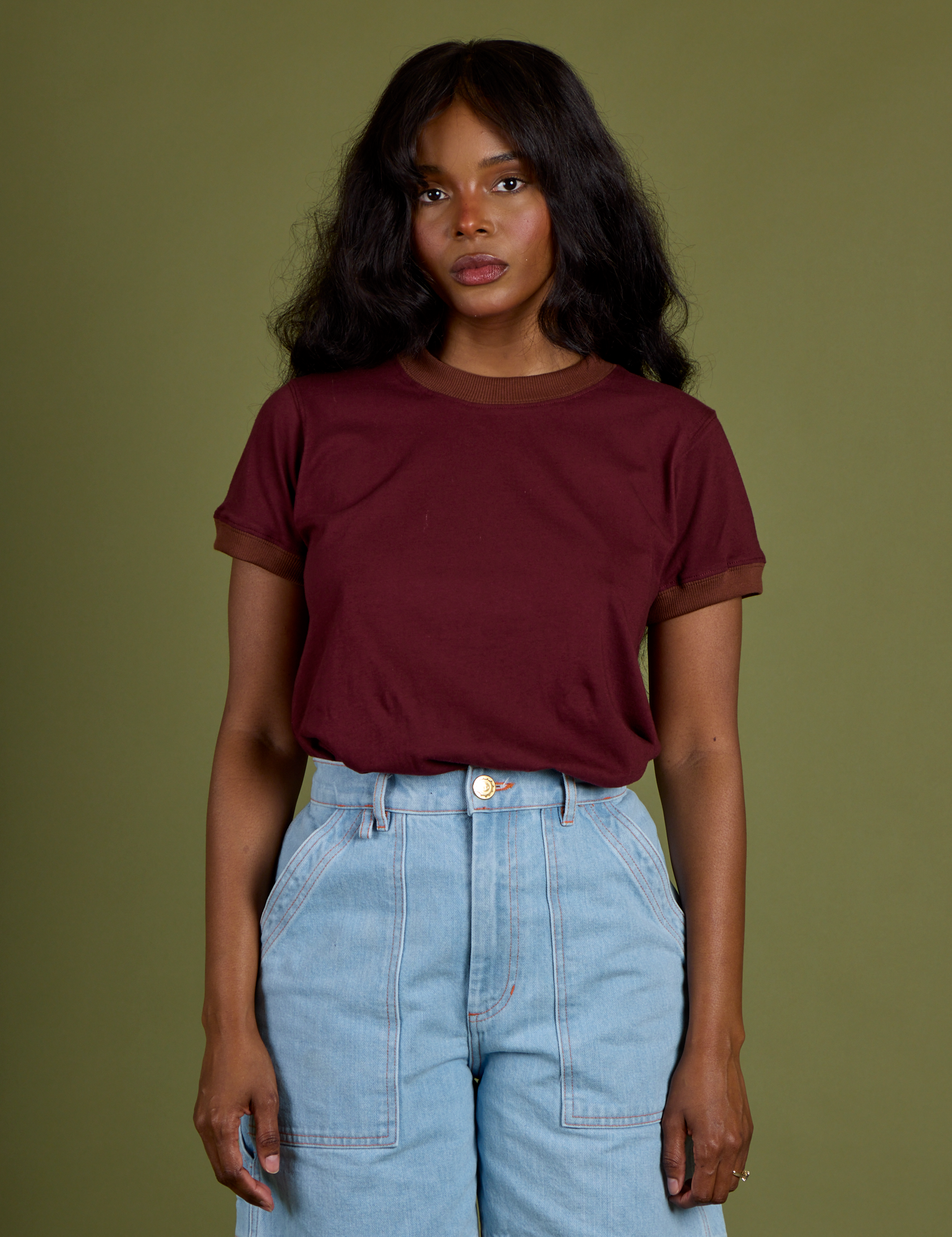 Kandia is 5’3” and wearing P Vintage Ringer Tee in Red Wine