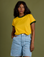 Kandia is 5’3” and wearing P Vintage Ringer Tee in Sunshine Yellow