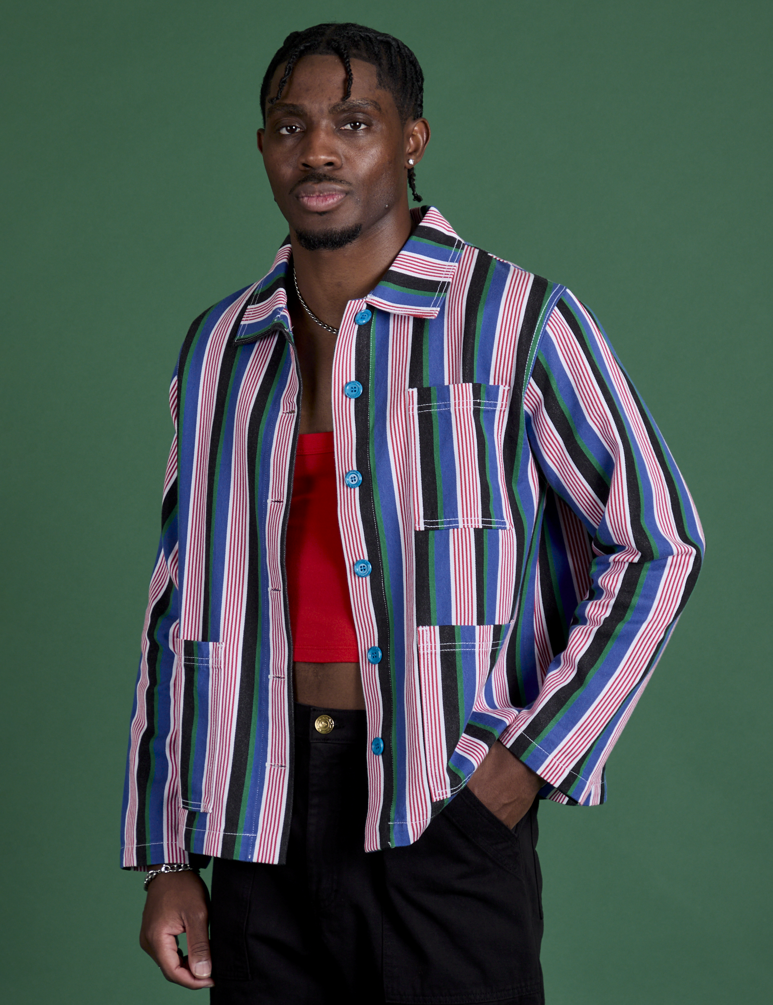Isaac is 5’10” and wearing M Stripe Work Jacket in Pacific Stripe
