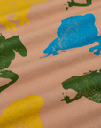 Paintstamped Pantry Button-Up in Froggy close up of blue, green and yellow stamped frogs
