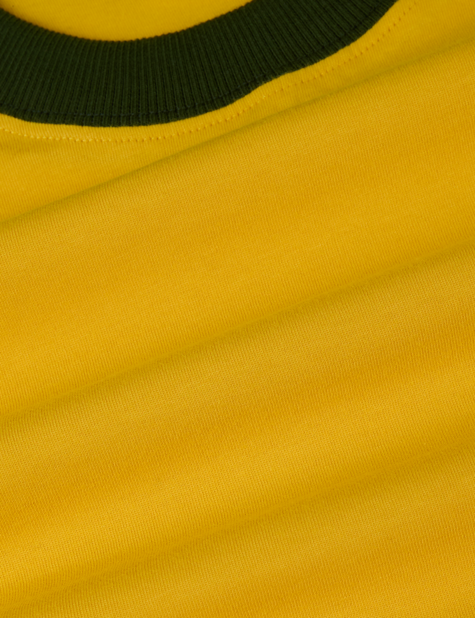 Vintage Ringer Tee in Sunshine Yellow fabric detail close up with swamp green neckline