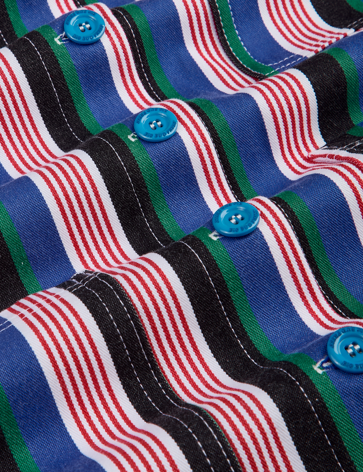 Stripe Work Jacket in Pacific Stripe fabric detail close up. Red, green, blue, black and white stripes