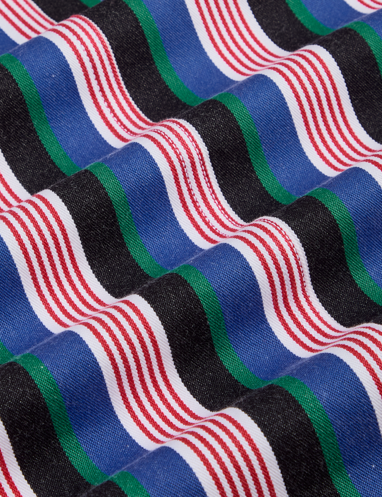 Work Pants in Pacific Stripe fabric detail close up. Stripes in red, green, black, white and blue.