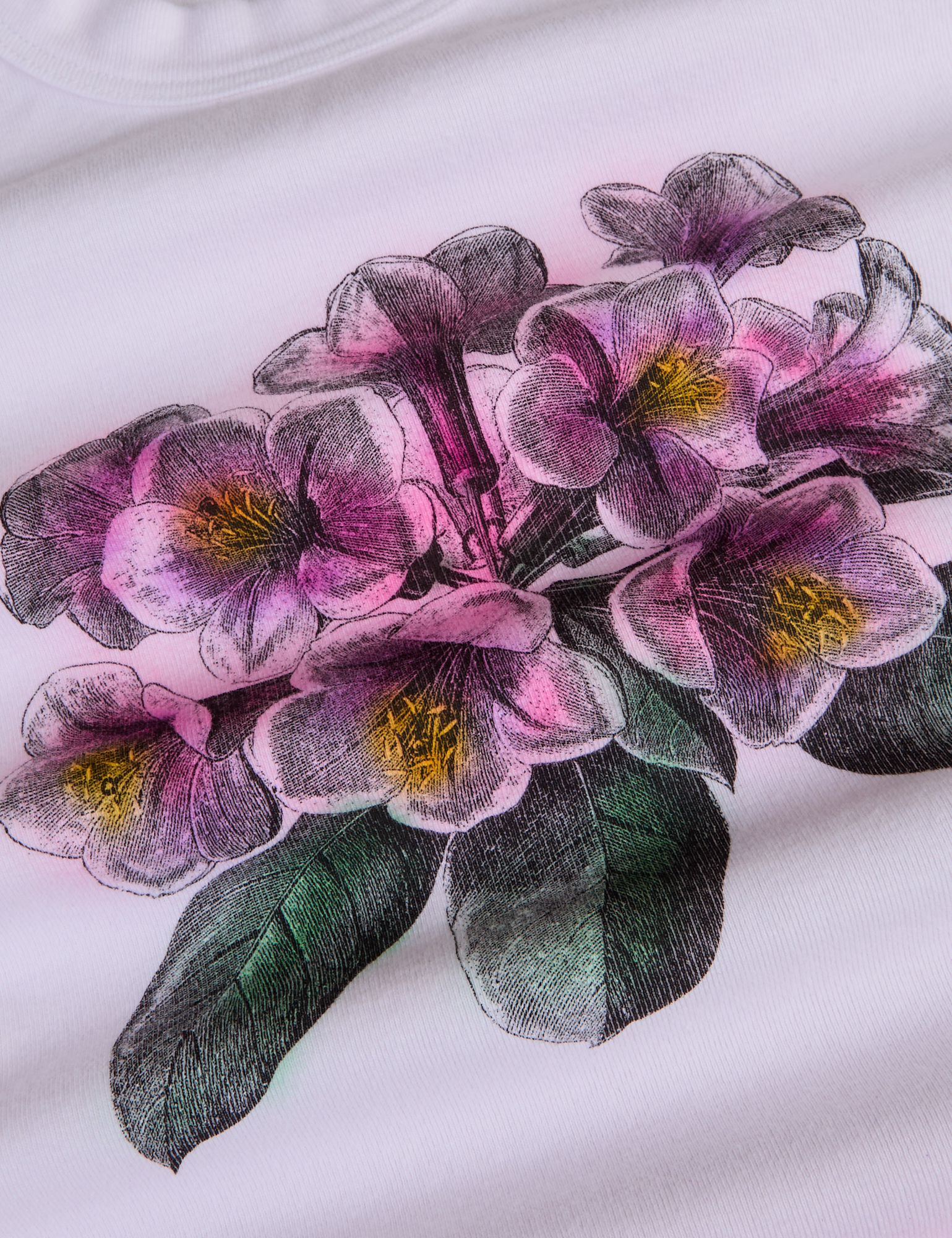 Floral Long Sleeve Baby Tee in Pink close up of screen-printed flowers