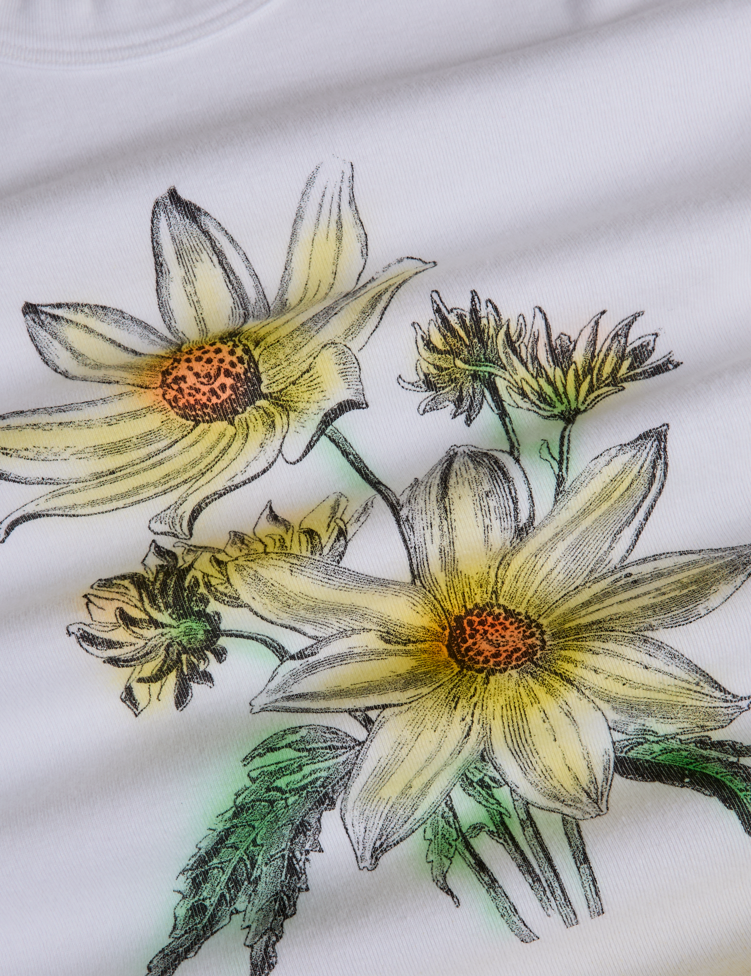 Close up of screen print flowers on Floral Long Sleeve Baby Tee in Yellow