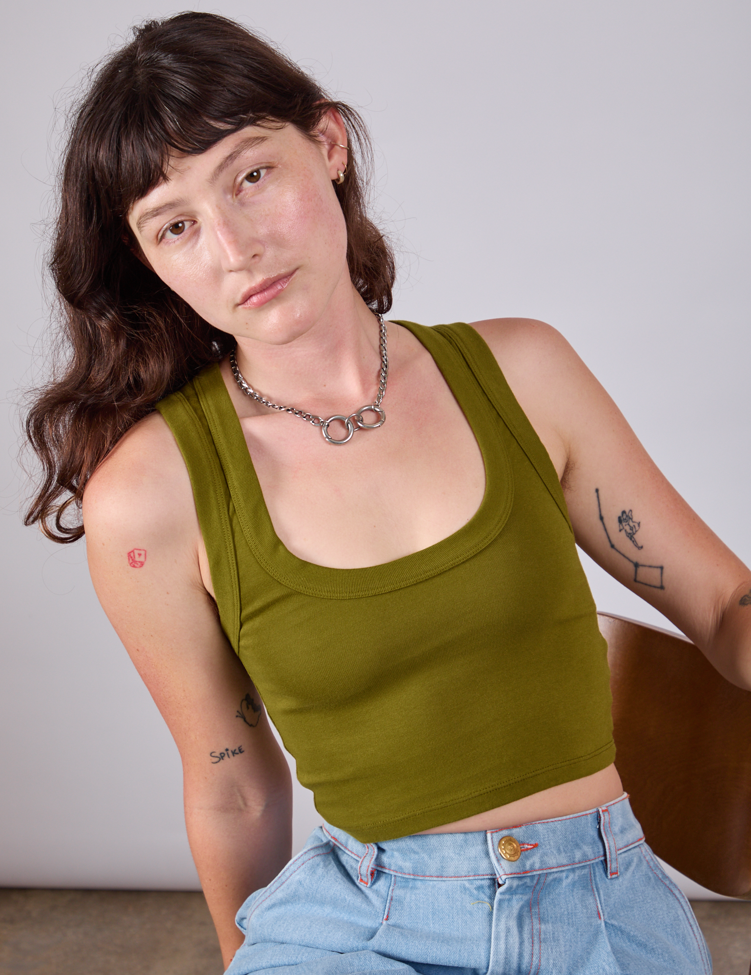 Cropped Tank Top in Olive Green on Alex