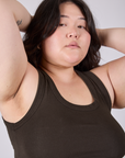 Tank Top in Espresso Brown neckline close up on Ashley