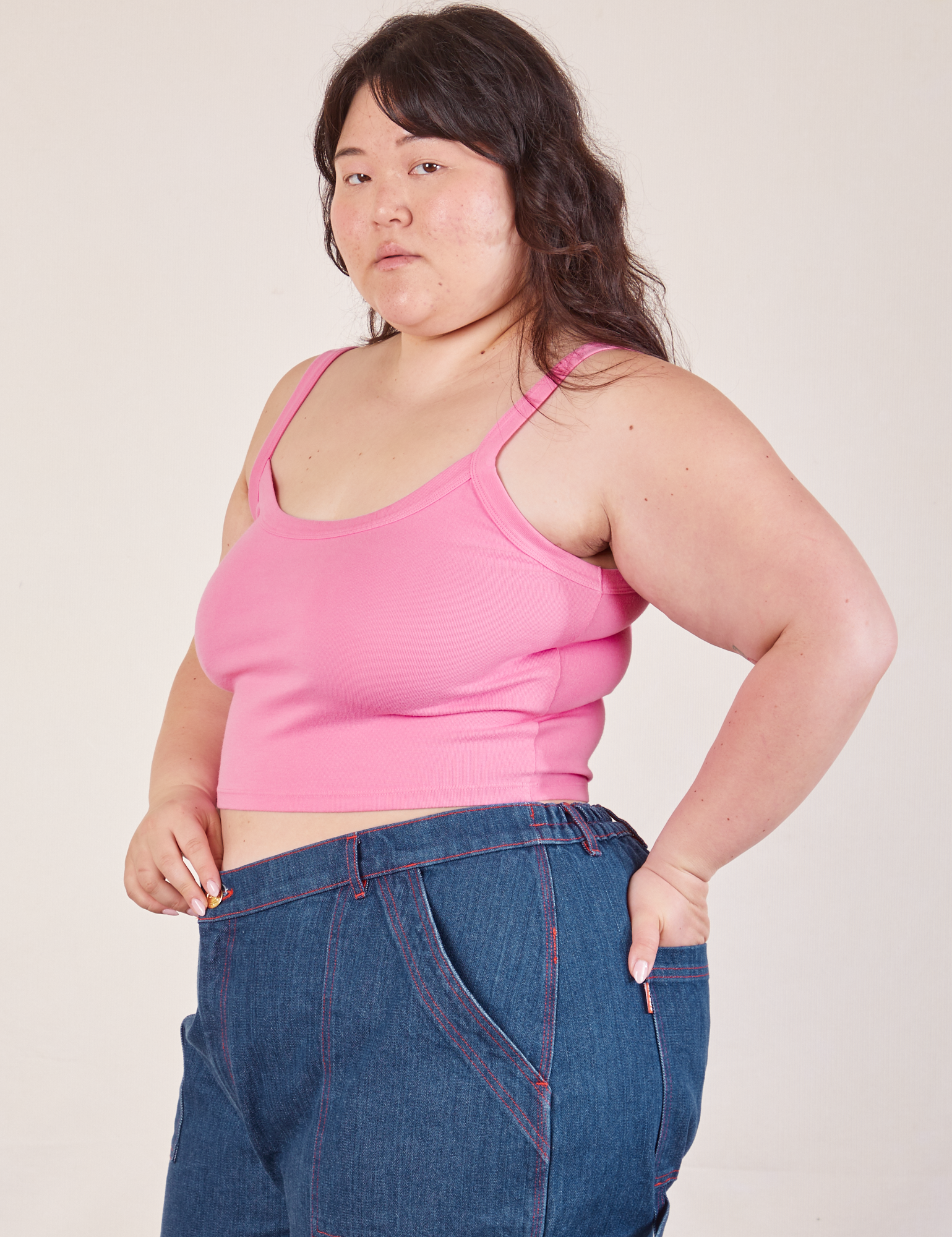 Cropped Cami in Bubblegum Pink angled front view on Ashley
