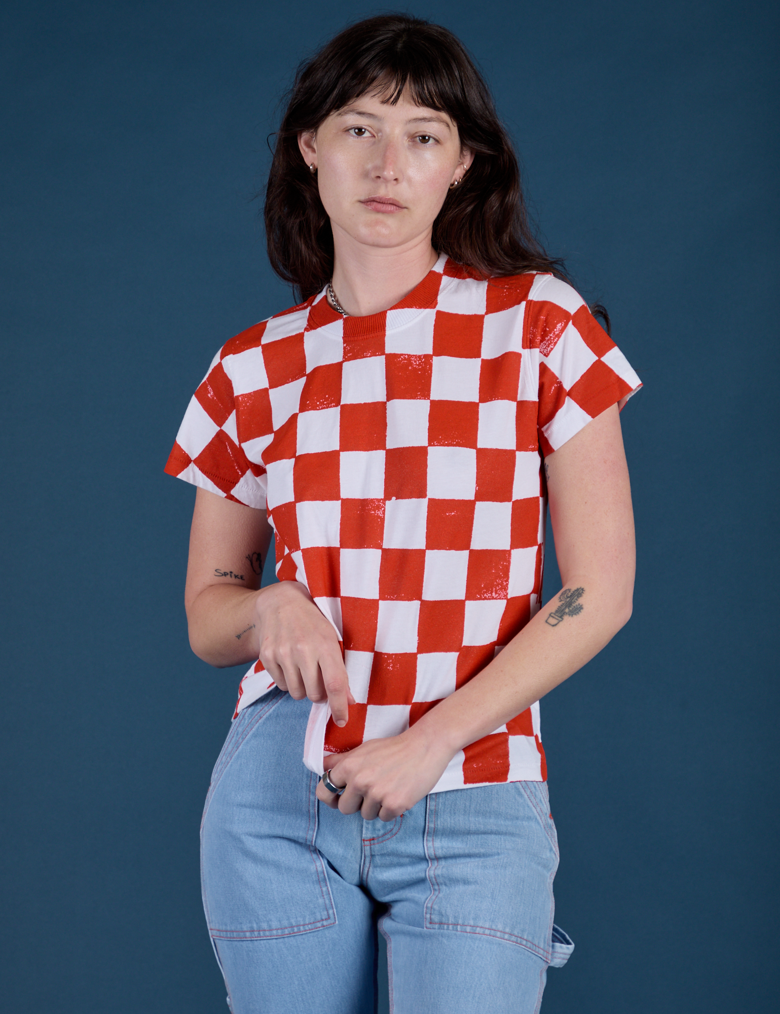 Checker Organic Tee in Red on Alex