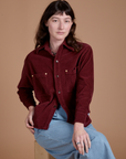 Alex is wearing Cropped Corduroy Overshirt in Red Wine