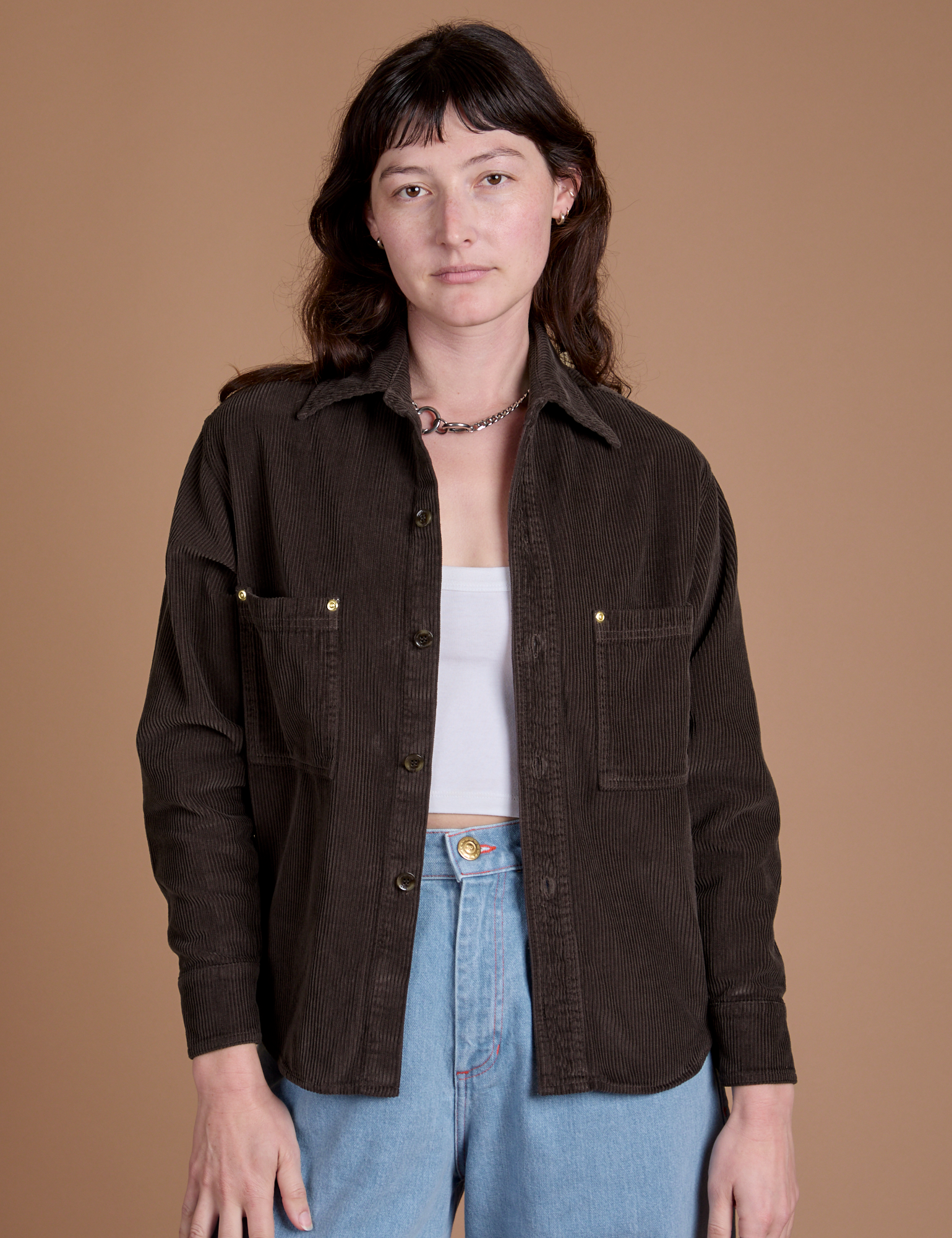 Cropped Corduroy Overshirt in Espresso Brown on Alex