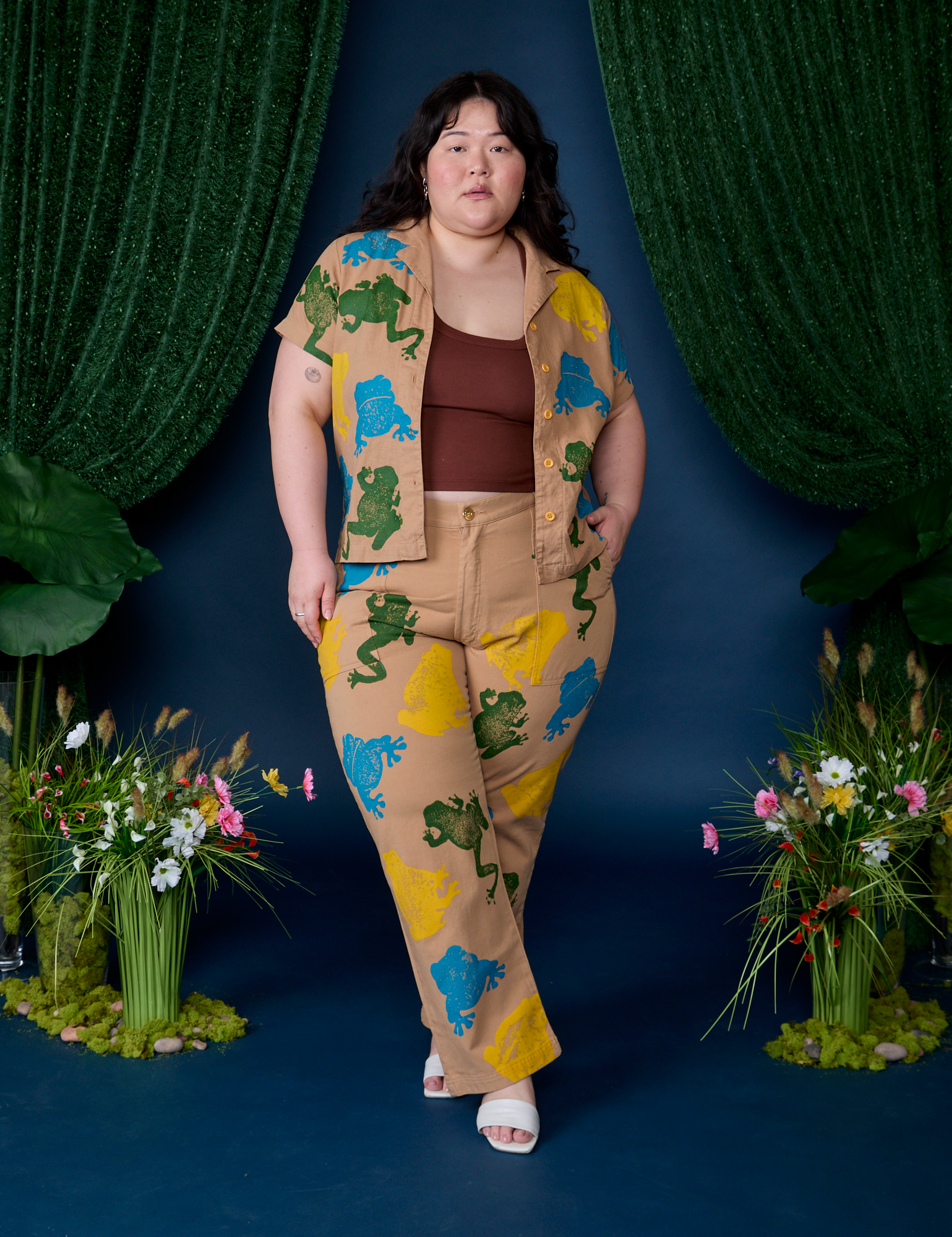 Ashley is wearing Paintstamped Pantry Button-Up in Froggy and matching Work Pants